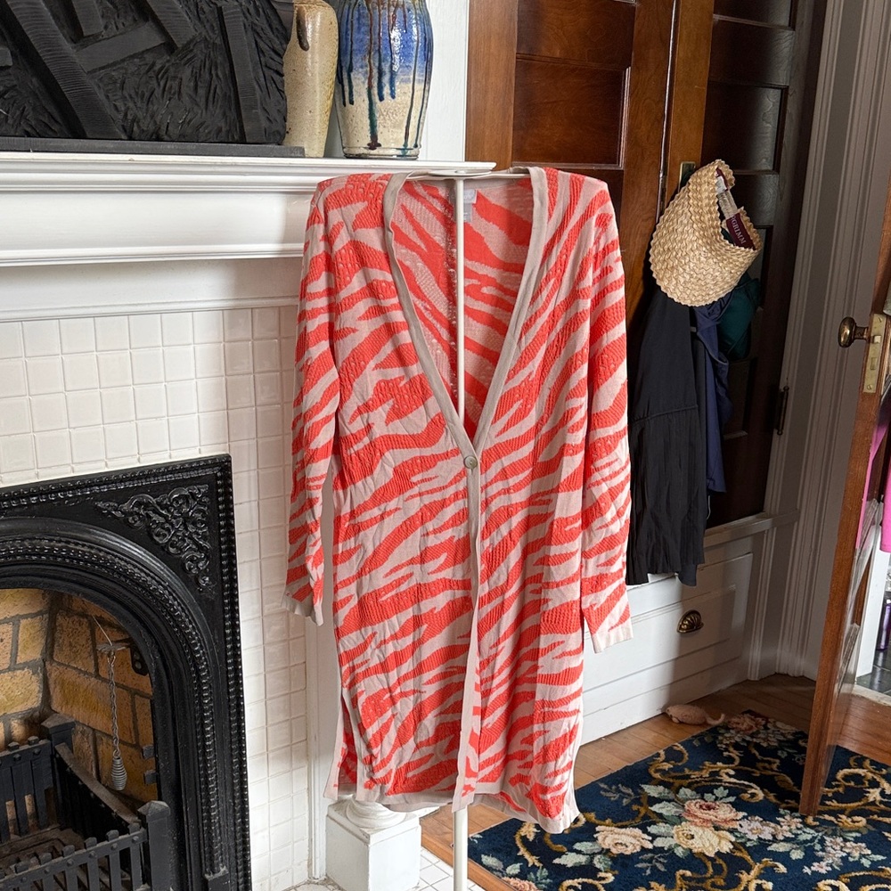 Chico's Orange and White Zebra print. Long‎ Cardigan- worn about 5 times